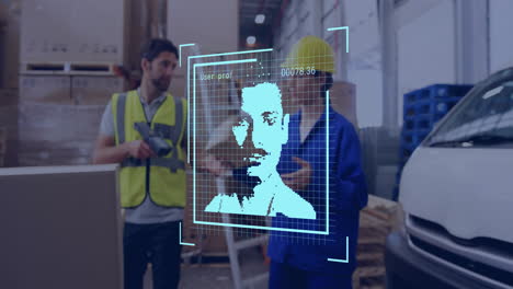 Animation-of-biometric-photo-and-digital-data-processing-over-diverse-people-working-in-warehouse