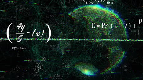 Animation-of-mathematical-equations-over-globe-and-network-of-connections-on-black-background