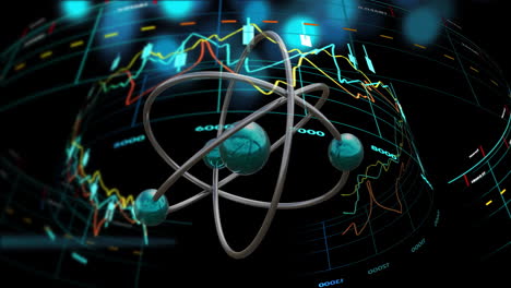 Animation-of-atom-spinning-and-digital-data-processing-over-black-background