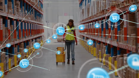 Animation-of-network-of-connections-over-biracial-female-worker-in-warehouse-walking