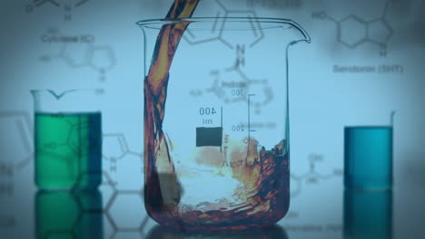 Animation-of-chemical-formula-over-beakers-with-colourful-liquid
