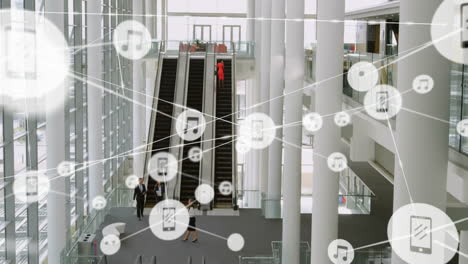 Animation-of-network-of-connections-with-icons-over-business-people-on-escalator