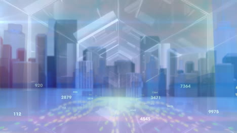 Animation-of-data-processing-and-digital-tunnel-over-digital-cityscape