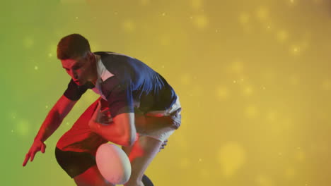 Animation-Von-Leuchtenden-Lichtern-über-Männlichen-Rugbyspielern-Mit-Ball