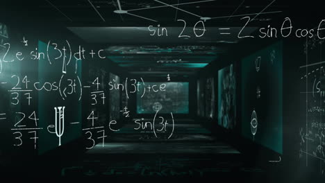 Animation-of-mathematical-equations-and-symbols-on-black-background
