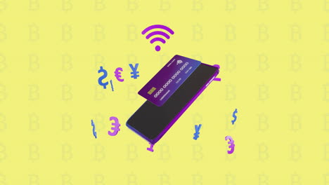 Animation-Von-WLAN--Und-Währungssymbolen,-Smartphone-Und-Kreditkarte-Auf-Gelbem-Hintergrund