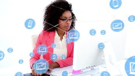 Animation-of-network-of-connections-with-devices-icons-over-biracial-businesswoman-in-office