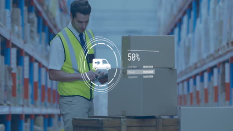 Animation-of-car-icon-and-data-processing-over-caucasian-male-worker-inspecting-cartons-in-warehouse