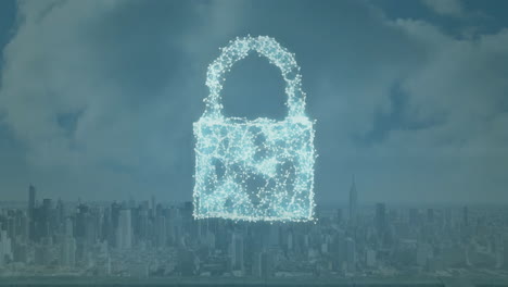 Animation-of-padlock-icon-and-digital-data-processing-over-cityscape