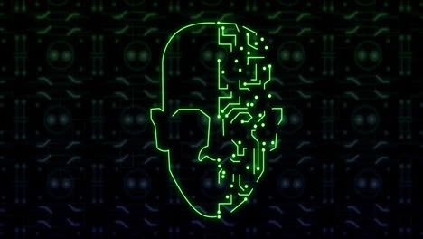 Animation-of-head-silhouette-with-computer-circuit-board-on-black-background