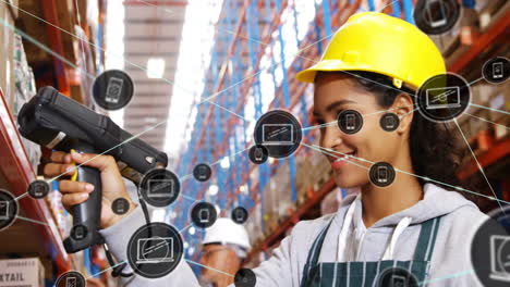 Animation-of-network-of-connections-with-icons-over-diverse-workers-scanning-wares-in-warehouse