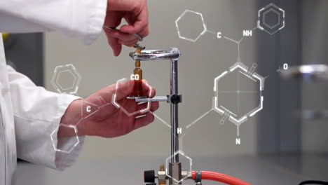 Animation-of-chemical-formula-over-caucasian-scientist-heating-sample-in-lab