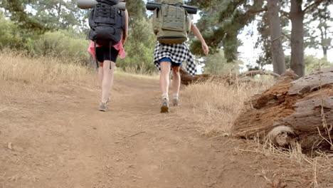 Two-hikers-with-backpacks-trek-along-a-forest-trail