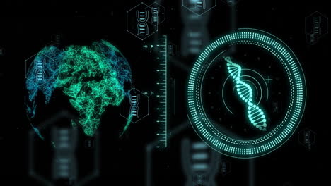Animation-Von-DNA-Strang,-Globus-Und-Digitaler-Datenverarbeitung-Auf-Schwarzem-Hintergrund