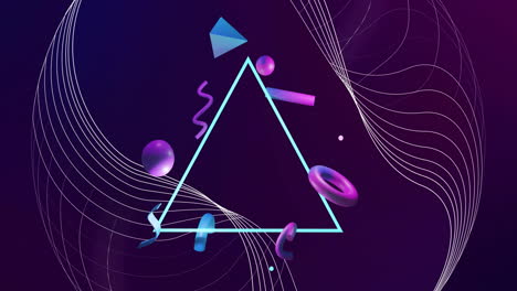 Animation-of-network-lines-and-3d-blue-and-purple-shapes-rotating-over-triangle-on-dark-background