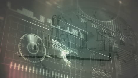 Animation-Von-Diagrammen-Und-Datenverarbeitung-über-Uhrbewegungen-Und-Stadtansichten