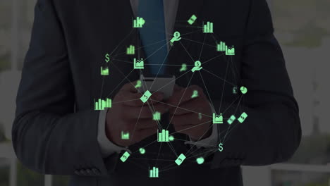 Animation-of-network-of-connections-with-icons-over-caucasian-businessman-using-smartphone