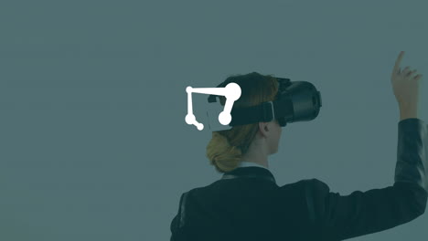 Animation-of-white-shapes-over-caucasian-businesswoman-using-vr-headset-on-white-background
