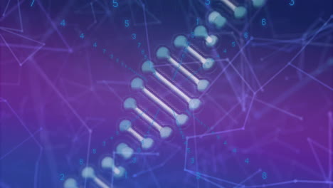 Animation-of-data-processing,-dna-strand-and-shapes-on-blue-background