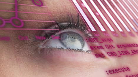 Animation-of-data-processing-over-close-up-of-woman's-eye