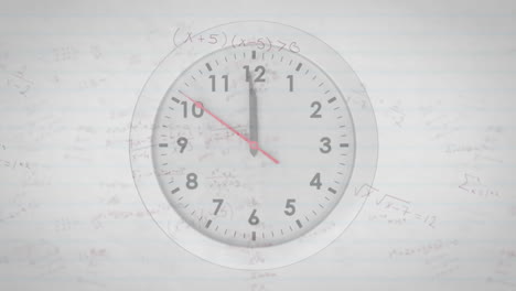 Animation-of-mathematical-equations-over-clock-on-white-background