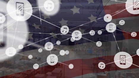 Animation-of-network-of-connections-over-flag-of-usa-and-city