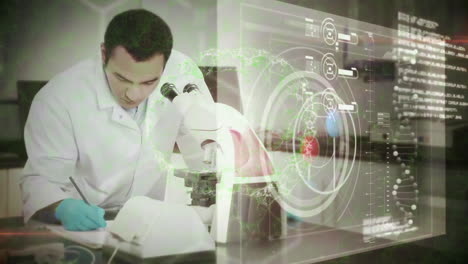 Animation-of-data-processing-and-digital-brain-over-caucasian-male-scientist-working-in-lab