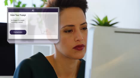 Animation-of-ai-chat-bot-data-processing-over-screen-and-biracial-woman-using-computer