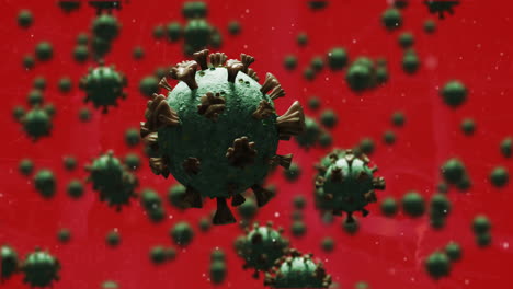 Animation-Von-Flecken-über-Viruszellen-Auf-Rotem-Hintergrund