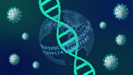 Animation-of-dna-strand-and-virus-cells-over-globe-with-data-processing-on-blue-background