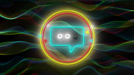 Animation-of-neon-speech-bubble-icon-over-glowing-green-mesh-background