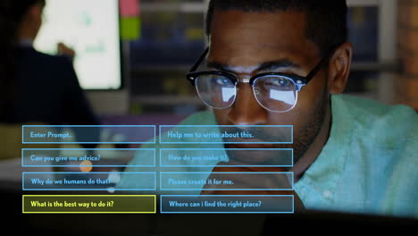 Animation-of-ai-text,-chat-bot-and-data-processing-over-african-american-man-using-laptop