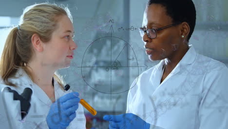 Animation-of-mathematical-equations-over-diverse-female-scientists-holding-test-tube