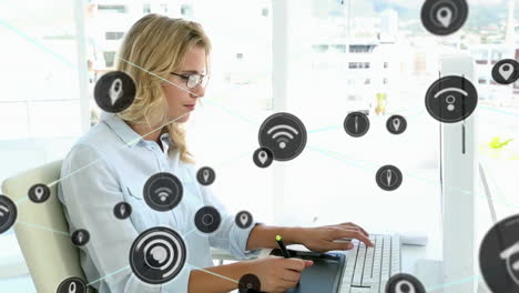 Animation-of-network-of-connections-with-wifi-icons-over-caucasian-businesswoman-in-office