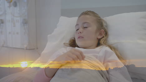 Animation-of-sunset-landscape-over-ill-caucasian-girl-patient-coughing-in-hospital-bed