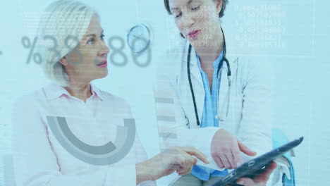 Animation-of-data-processing-and-diagrams-over-caucasian-female-doctor-talking-with-patient