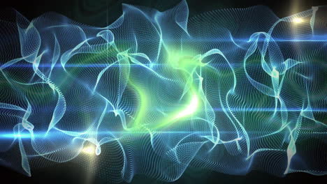 Animation-of-blue-shapes-moving-and-light-trails-on-black-background