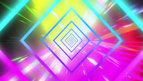 Animation-of-concentric-blue-and-purple-neon-diamonds-over-brightly-coloured-lights
