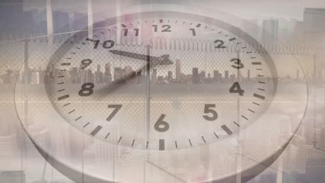 Animation-of-moving-clock-over-street-and-cityscape
