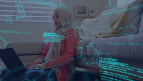 Animation-of-scientific-digital-data-processing-over-biracial-woman-in-hijab-using-laptop