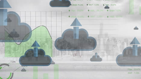Animation-Der-Börse-Und-Diagramme-über-Digitalen-Wolken-Und-Stadtbild