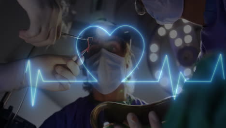 Animation-of-cardiograph-with-heart-over-caucasian-surgeons-with-face-mask-in-operating-room