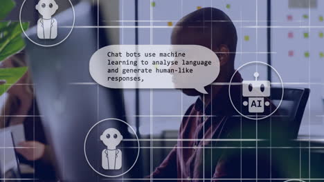 Animation-Von-KI-Text,-Chatbot-Und-Datenverarbeitung-über-Einem-Afroamerikanischen-Mann
