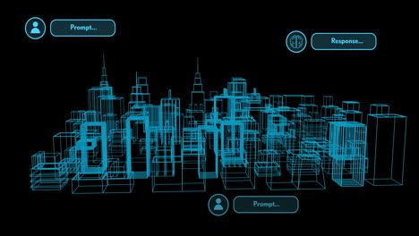 Animation-Der-KI-Text--Und-Datenverarbeitung-über-Einer-Stadt-Auf-Schwarzem-Hintergrund