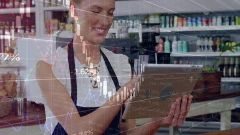 Animation-of-data-processing-and-diagrams-over-caucasian-female-barista-using-tablet-in-cafe
