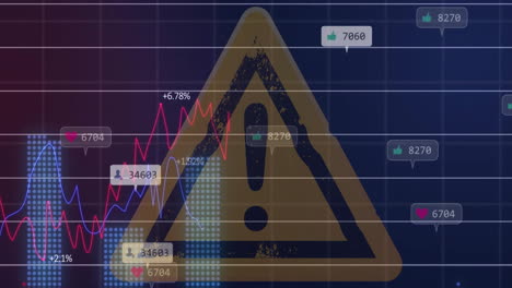 Animation-Der-Verarbeitung-Finanzieller-Daten-über-Einem-Ausrufezeichen-Auf-Einem-Gelben-Dreieckigen-Straßenschild