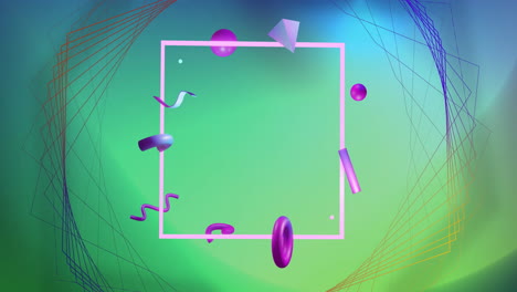 Animation-of-3d-blue-and-purple-shapes-over-pink-frame-and-network-structure-on-green-background