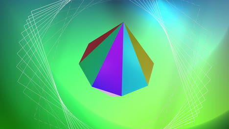 Animation-Einer-Netzwerkstruktur-über-Einem-Metallischen-3D-Diamanten,-Der-Auf-Einem-Weichen-Grünen-Hintergrund-Rotiert