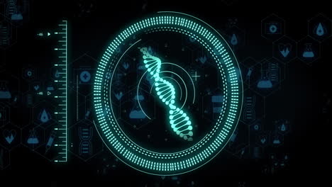 Animation-of-dna-strand-and-digital-data-processing-over-black-background