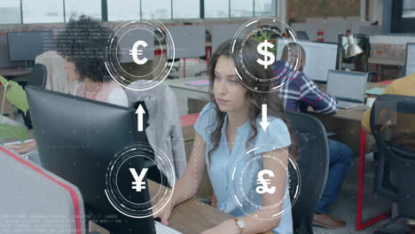Animation-of-currency-icons-and-data-processing-over-diverse-business-people-in-office